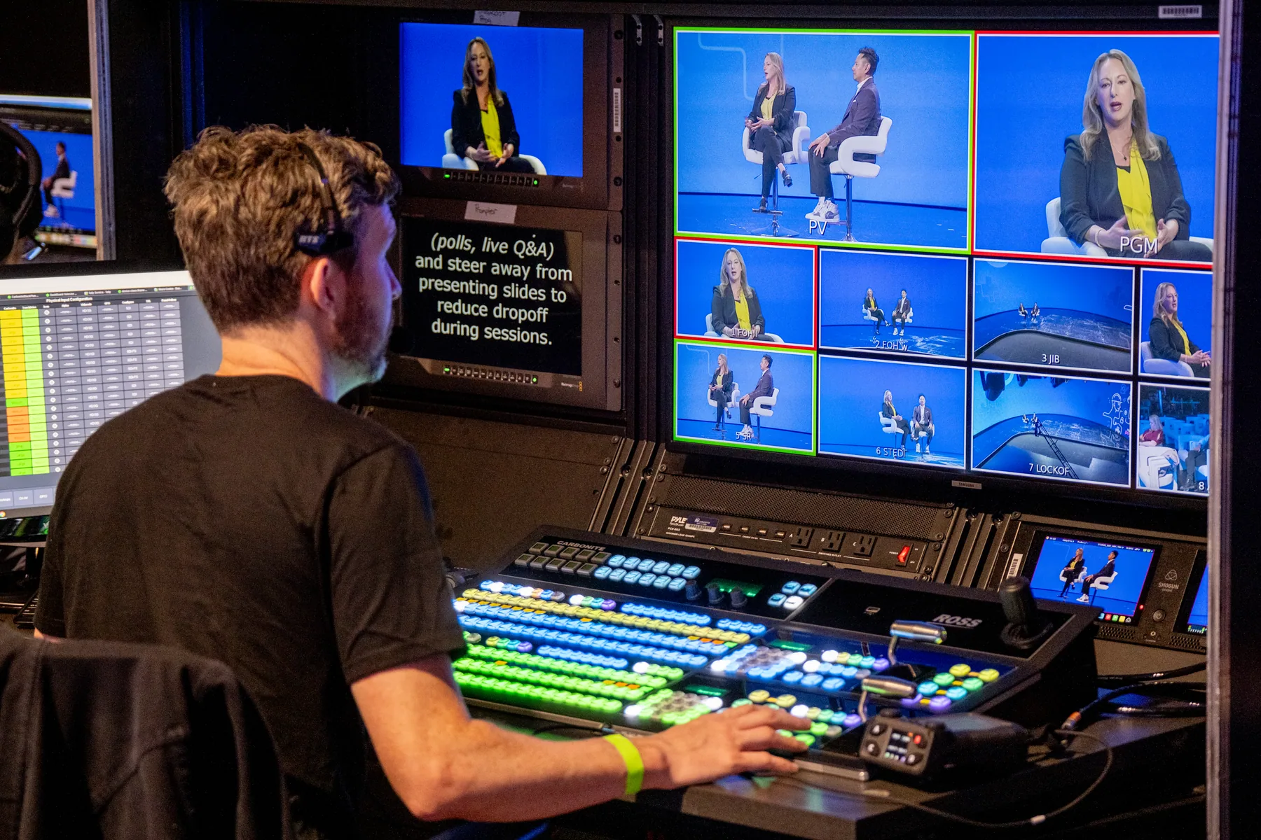 Zoomtopia broadcast control room with live program monitors during rehearsal